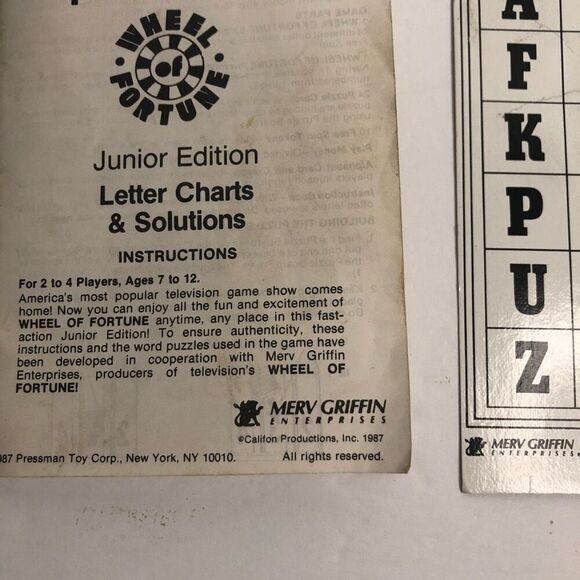 wheel of fortune junior edition game letter chart and solution guide instruction - Picture 2 of 5